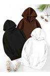 3'Lü Düz Basic Kalın Kışlık Sweatshirt - Siyah Kahverengi Beyaz Oversize Kapüşonlu