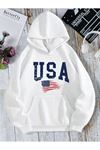Usa Bayrak Sweatshirt - Beyaz Baskılı Oversize Kapüşonlu