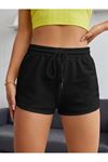 Siyah Yırtmaçlı Bermuda Penye Şort - Penye Baskılı Kordonlu