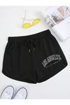 Siyah Los Angeles Bermuda Penye Şort - Kordonlu Baskılı