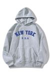New York Usa Sweatshirt - Gri Baskılı Oversize Kapüşonlu
