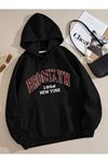 Brooklyn New York Sweatshirt - Siyah Baskılı Oversize Kapüşonlu