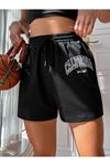 Siyah Kısa California Şort - Penye Baskılı Kordonlu
