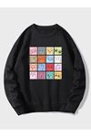 Kedimoji Sweatshirt - Siyah Baskılı Oversize Bisiklet Yaka