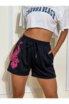 Siyah Kısa Ejderha Şort - Penye Baskılı Kordonlu
