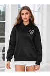 Kalp Logo Sweatshirt - Siyah Baskılı Oversize Kapüşonlu
