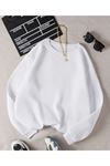 Baskısız Düz Sweatshirt - Beyaz Kalın Kışlık Şardonlu Uzun Kol Oversize Bisiklet Yaka