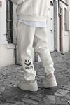 Smile Face Beyaz Jogger Eşofman Altı - Paça Baskı Detaylı Lastik Paça Baskılı Rahat Tarz