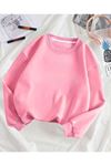 Baskısız Düz Sweatshirt - Pembe Kalın Kışlık Şardonlu Uzun Kol Oversize Bisiklet Yaka