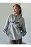 Sunshine Sweatshirt - Gri Oversize Şardonlu Pamuk Kalın Kapüşonlu