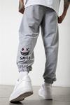 Smile Face Gri Jogger Eşofman Altı - Paça Baskı Detaylı Lastik Paça Baskılı Rahat Tarz