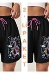 2'li Paket Siyah Kısa Renkli Dragon Şort - Penye Baskılı Kordonlu
