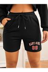 Siyah Kısa Baby Girl Şort - Penye Baskılı Kordonlu