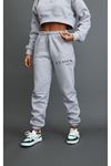 Studio %100 Pamuk Eşofman Altı Jogger - Gri Baskılı Lastik Paça Kışlık Içi Polarlı