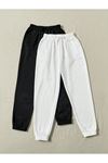 2'li Basic Düz Eşofman Altı Jogger - Siyah Ve Beyaz Lastik Paça Yüksel Bel