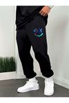 Renkli Yüz Eşofman Altı Jogger - Siyah Baskılı Lastik Paça Yüksel Bel