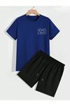 23 Sayılı T-Shirt Şort - Saks Mavi Siyah Alt Üst Takım Şort Tişört Kombin Baskılı Bisiklet Yaka