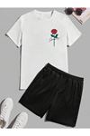 Gül Yazılı T-Shirt Şort - Beyaz Siyah Alt Üst Takım Şort Tişört Kombin Baskılı Bisiklet Yaka