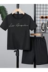 Losangeles Baskılı Pamuklu Çocuk Siyah Şort T-shirt Takım - Kız Erkek Çocuk Yazlık Bisiklet Yaka