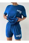 Love Yourself T-shirt Şort - Saks Mavi Alt Üst Kombin Şort Tişört Takım Baskılı Bisiklet Yaka