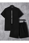 King Arka Yazı T-Shirt Şort - Siyah Alt Üst Kombin Şort Tişört Takım Baskılı Oversize Bisiklet Yaka
