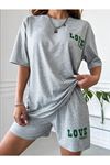 Love T-shirt Şort - Gri 2'li Kombin Şort Tişört Takım Baskılı Oversize Bisiklet Yaka