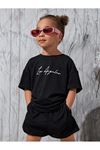 Los Angeles Baskılı Pamuklu Çocuk Takım Siyah Şort T-shirt- Çocuk Yazlık Bisiklet Yaka