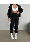 Düz Basic Hırka Eşofman Altı Jogger Alt Üst Takım - Siyah Fermuarlı Oversize Kapüşonlu