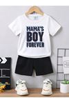 Mama's Boy Baskılı Pamuk Çocuk Takım Beyaz T-shirt Siyah Şort - Çocuk Yazlık Bisiklet Yaka