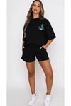 Kelebek T-Shirt Şort - Siyah Alt Üst Kombin Şort Tişört Takım Baskılı Oversize Bisiklet Yaka