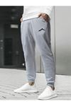 Dağ Silüet Eşofman Altı Jogger - Gri Baskılı Lastik Paça Yüksel Bel