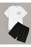 23 Sayılı T-Shirt Şort - Beyaz Siyah Alt Üst Takım Şort Tişört Kombin Baskılı Bisiklet Yaka