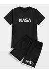 Nasa T-Shirt Şort - Siyah Alt Üst Kombin Şort Tişört Takım Baskılı Oversize Bisiklet Yaka