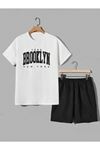 1898 Brooklyn T-Shirt Şort - Beyaz Siyah Alt Üst Takım Şort Tişört Kombin Baskılı Bisiklet Yaka