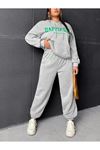 Eşofman Takımı Sweatshirt - Gri Baskılı Oversize Şardonlu Kapüşonlu
