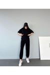 Basic T-shirt Eşofman Altı Jogger Siyah Düz Alt Üst Eşofman Takımı Oversize Bisiklet Yaka