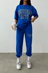 T-shirt Eşofman Altı Jogger- Mavi Baskılı Alt Üst Eşofman Takımı Oversize Bisiklet Yaka