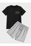 23 Sayılı T-Shirt Şort - Siyah Gri Alt Üst Takım Şort Tişört Kombin Baskılı Bisiklet Yaka