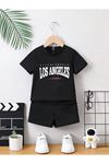 Los Angeles California Baskılı Pamuk Çocuk Siyah Şort T-shirt Takım - Çocuk Yazlık Bisiklet Yaka