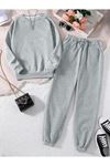 Baskısız Düz Eşofman Takımı Sweatshirt Jogger - Gri Oversize Şardonlu Bisiklet Yaka
