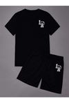 La Los Angeles T-Shirt Şort - Siyah Alt Üst Kombin Şort Tişört Takım Baskılı Oversize Bisiklet Yaka