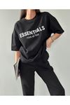 Essentials T-Shirt Eşofman Altı Jogger- Siyah Baskı Alt Üst Eşofman Takımı Oversize Bisiklet Yaka