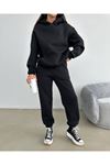 Baskısız Eşofman Takımı Sweatshirt Jogger - Siyah Oversize Şardonlu Kapüşonlu