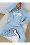 Happiness Eşofman Takımı Sweatshirt Jogger - Bebe Mavi Baskılı Oversize Şardonlu Kapüşonlu