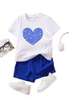 Kalp Baskılı Pamuklu Çocuk Takım Beyaz T-shirt Saksmavi Şort - Kız Erkek Çocuk Yazlık Bisiklet Yaka