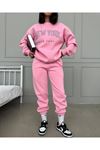 New York New York Eşofman Takımı Sweatshirt Jogger - Pembe Baskılı Oversize Şardonlu Bisiklet Yaka