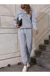 Hampton Eşofman Takımı Sweatshirt Jogger - Gri Baskılı Oversize Şardonlu Kapüşonlu Lastik Paça