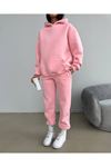 Baskısız Eşofman Takımı Sweatshirt Jogger - Pembe Oversize Şardonlu Kapüşonlu
