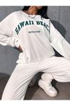 Hawaii Beach Eşofman Takımı Sweatshirt Jogger - Beyaz Baskılı Oversize Şardonlu Bisiklet Yaka