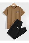 Ny Vizon T-shirt Siyah Eşofman Altı Jogger - Baskılı Alt Üst Eşofman Takım Oversize Bisiklet Yaka